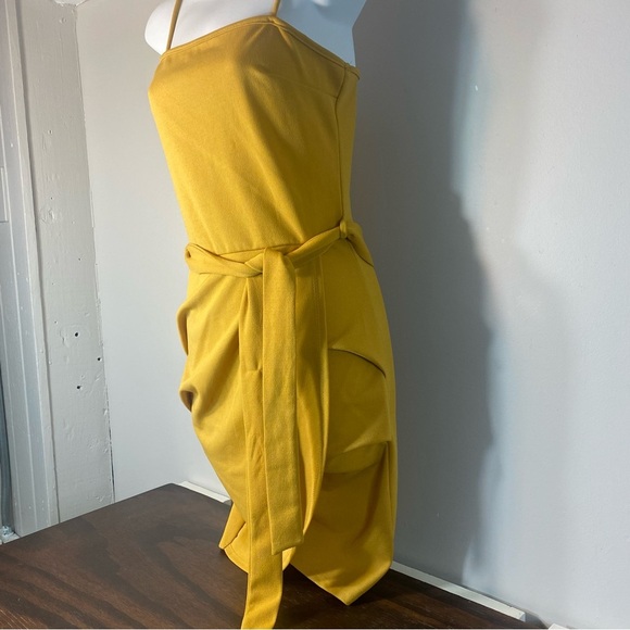 Windsor Asymmetrical Knot Wrap Evening Mini Dress Yellow Mustard Small - Picture 3 of 11